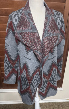 Eleven Star Soft Knit Cardigan Sweater Grey Aztec Blanket open front sz M